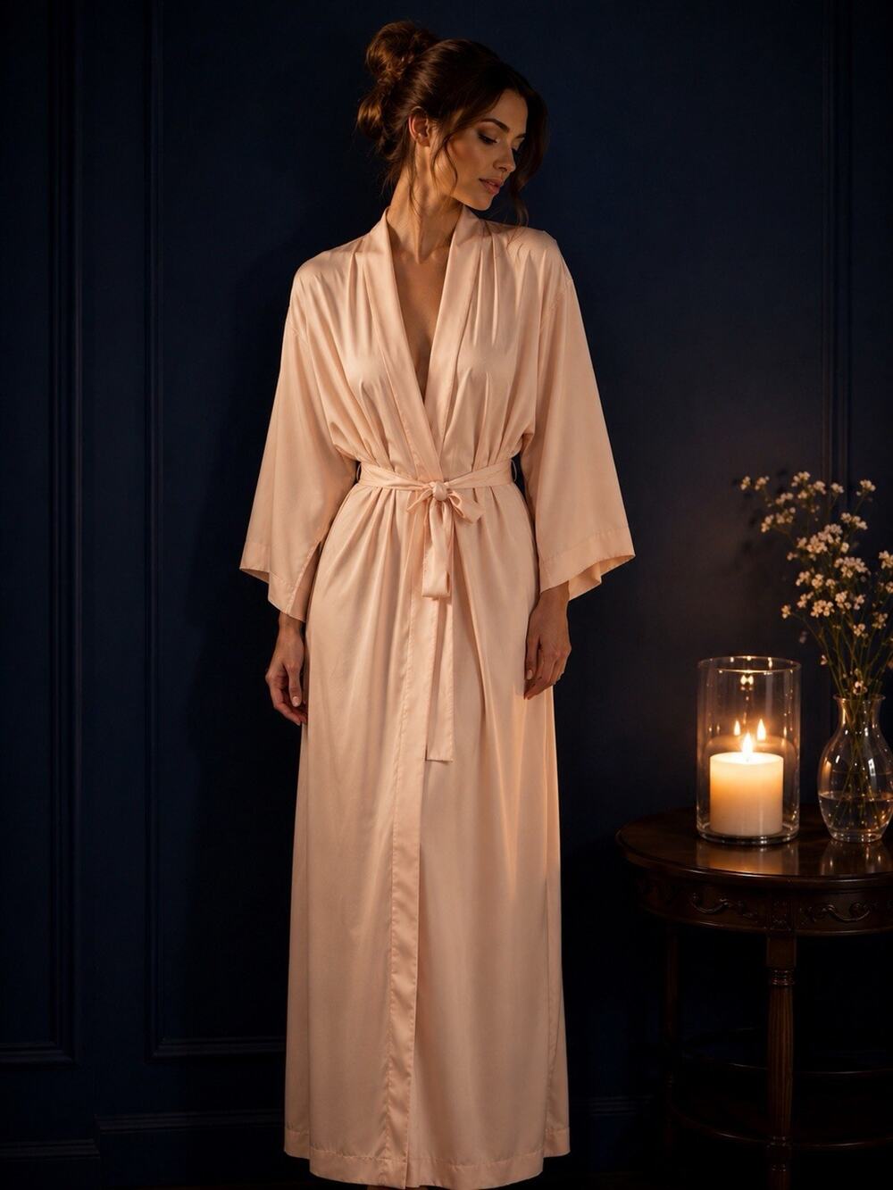 VTG Blush Pink Satin Elegant Long Lounge Robe With Kimono Sleeve Detail Large